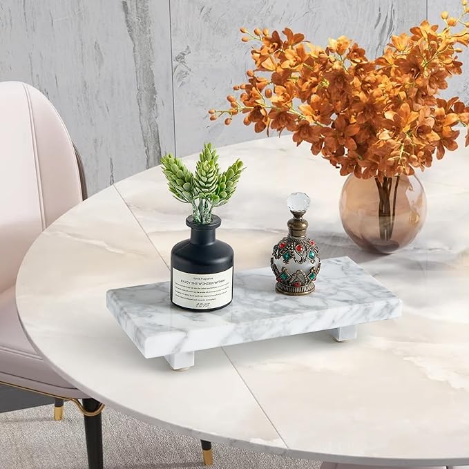 Natural Marble Tray Pedestal Stand – Soap & Jewelry Riser for Bathroom Counter, Kitchen Sink, Vanity Organizer, Decorative Stone Catchall for Perfume, Candles