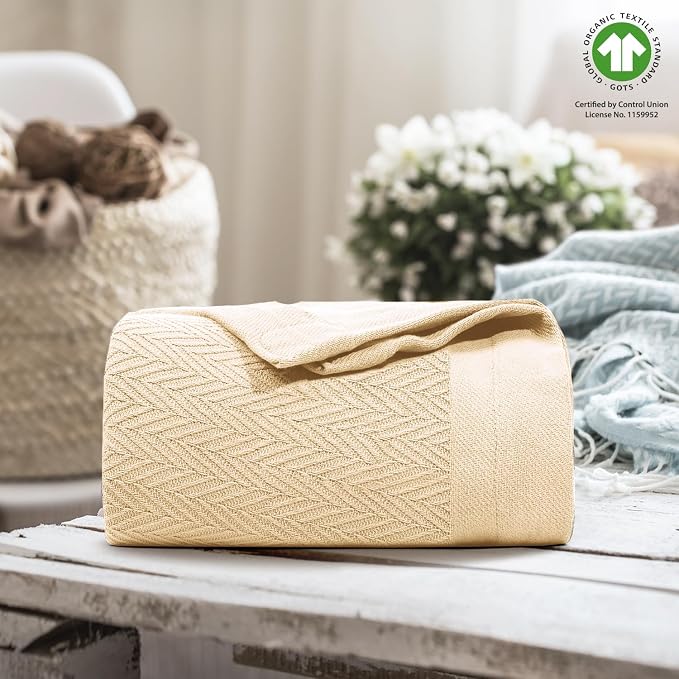 THREAD SPREAD Organic GOTS Certified Cotton Blanket, Twin/Twin XL - 350 GSM, Antistatic, Fuzzy Soft, Lightweight, Sofa, Camping & Travel, All-Season Herringbone Throw, Biege + Stylish Bonus Tote Bag