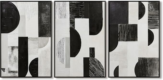 Zessonic Abstract Black White and Grey Wall Art Framed Geometry Canvas Print Modern Contemporary Edgy Block Artwork for Living Room, Bedroom, Office Decor - Set of 3, 16x24 Inch (Ready to Hang)