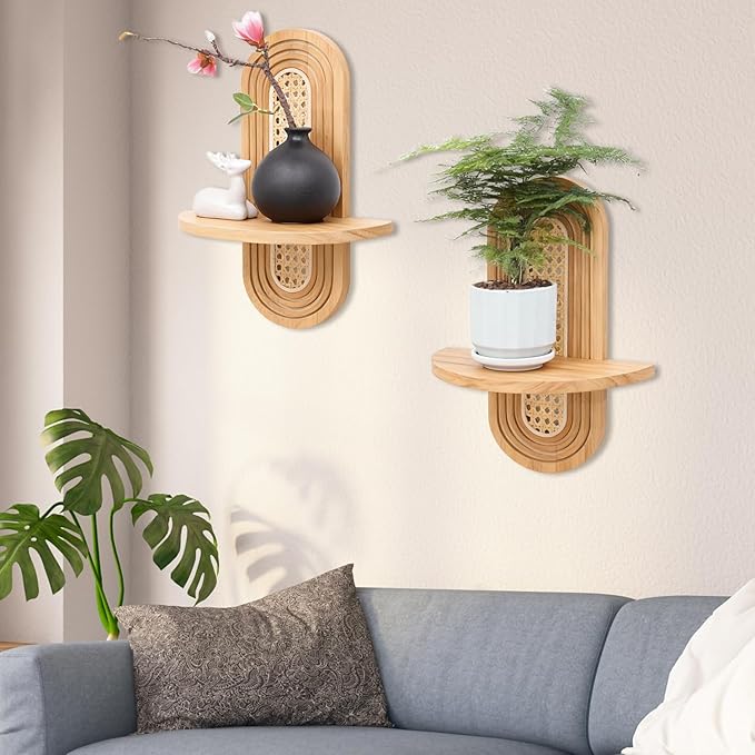 Floating Shelves for Wall, Boho Home Wall Decor,Rattan Plant Shelf Set of 2, Mid Century Small Decorative Shelf, Natural Wood Shelves for Living Room,Bedroom,House,Office (Natural)