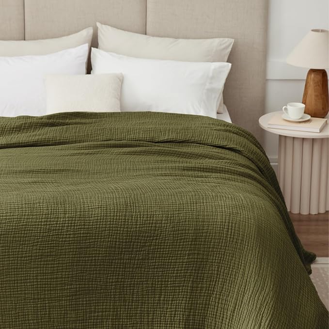 100% Cotton Muslin Blanket Twin 60" x 80", Breathable and Lightweight Cotton Twin Blankets for Couch, Soft Cooling Summer Gauze Blanket for Adults All Season, Olive Green