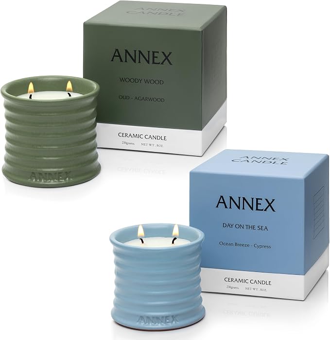 2 Pack | Luxury Candle Bundle – Dark Green Oud & Agarwood + Blue Cypress & Cedar | Handmade Ceramic Jars, Soy Wax | Large Natural Aromatherapy Candles, Non-Toxic, 2 Wicks, Reusable Jars