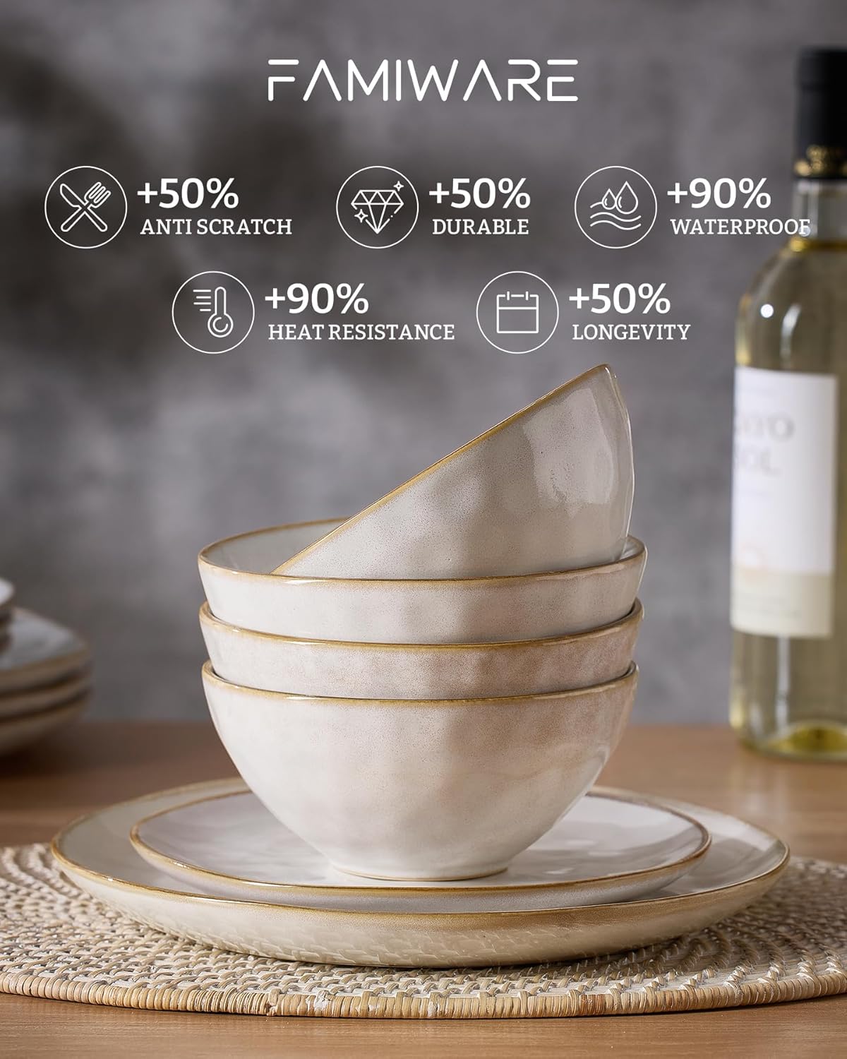 Famiware Ocean Round Plates and Bowls Set, 18 Pieces Dinnerware Sets, Dishes Set for 6, Reactive Glaze, Microwave and Dishwasher Safe, Scratch Resistant, Cappuccino White