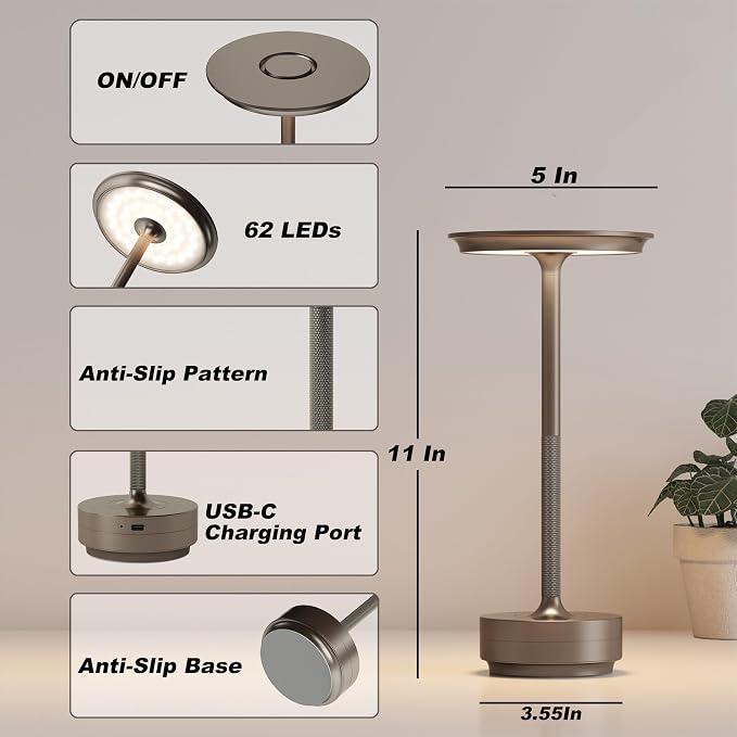 TBBGA 1 Pack Rechargeable Table Lamps Cordless, Portable 5000mAh Outdoor Table Light, 3 Color Stepless Dimming LED Table Lamp with Memory Function, for Home/Dinner/Patio/Restaurant.(Light Cafe)