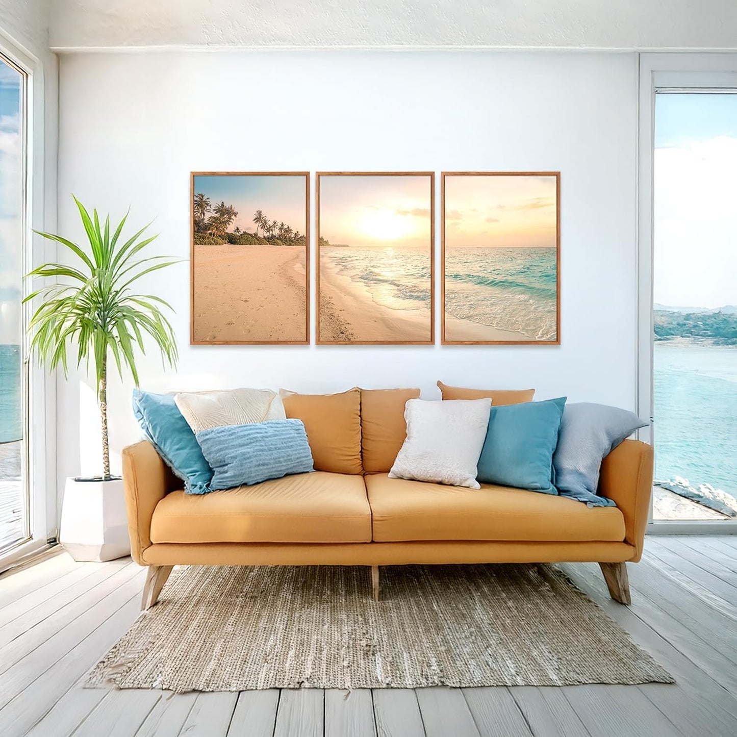 Aurlan Tropical Beach Sunset Framed Wall Art(16"x24"), 3PCS Coastal Ocean Island Canvas Artwork, Vintage Seascape Landscape Scenery Decor Prints for Office Home