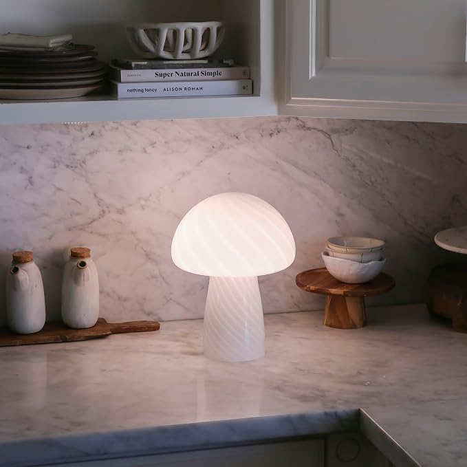 Brightech Mushroom Table Lamp 12.75" - Elegant Modern Glass Lamp for Bedside Tables, Nightstands, Desks, Bookshelves - Cozy Ambient Night Light with Warm White Lamp Living Rooms, Bedrooms - White