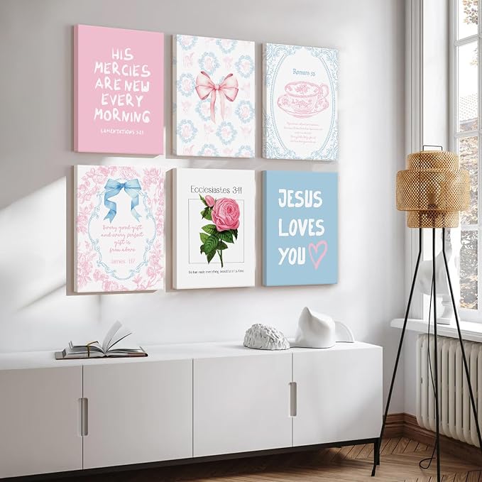 Christian Wall Art Decor Bible Verses Poster Girl Preppy Canvas Room Decor Pink Blue Scripture Wall Art Coquette Floral Bow Aesthetic Prints Trendy Artwork for Girl Bedroom 12x16x6 Inch Wrapped Canvas