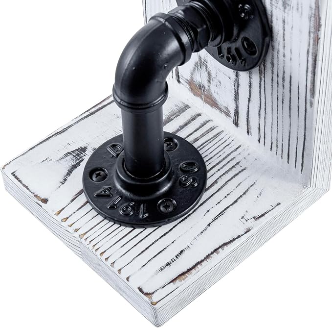 MyGift Decorative Bookends, Office Book Ends for Shelves, Book Holder L-Shaped Stand Desktop, Whitewashed Solid Wood with Realistic Industrial Pipe Design
