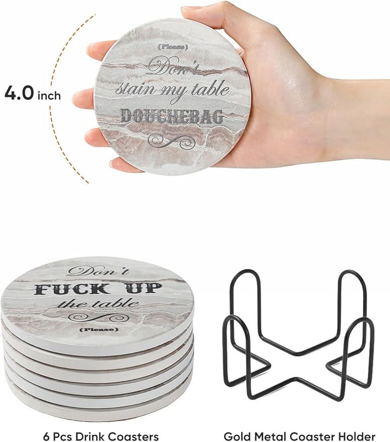 White Elephant Gifts for Adults, Funny Coasters Set of 8, Funny Gag Gifts for Adults, Christmas House Warming Gift New Home, Marble Style Absorbent Drink Coasters with Cork Base, Home Decor, 4 inches