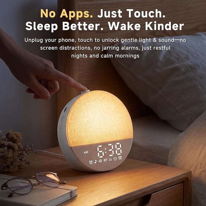 Geuuap Sunrise Alarm Clock White Noise Machine | Natural Wake-Up Light for Bedroom with 30 Soothing Sleep Aids, Bluetooth Speaker, Dimmable Clock, Screen-Free Design for Baby Adults Kids-Grey