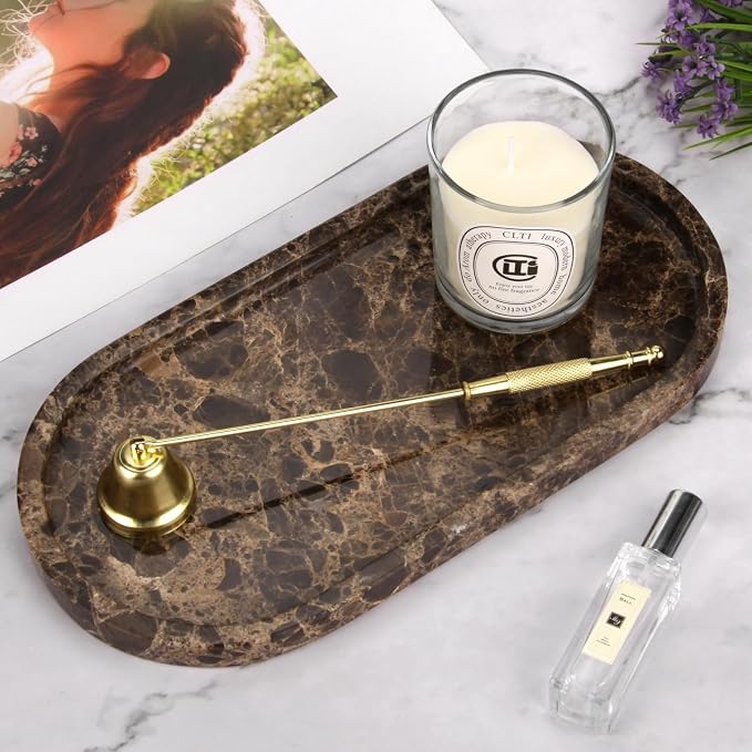 Oval Marble Bathroom Vanity Tray, Natural Luxury Marble Home Kitchen Bathroom Table Tray, Stone Decorative Countertop Tray for Coffee Perfume Jewelry (Dark Brown, 12" x 6" x 0.8")