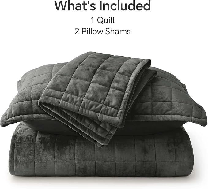 BEDELITE Velvet Quilt Set King Size - Luxury Soft Velvet Comforter Bedding Set for All Season, Lightweight Quilted Box Stitch Oversized Bedspread Coverlet with 2 Matching Shams, Dark Grey
