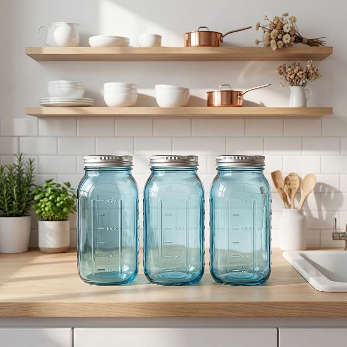 Norme 3 Pcs 64 oz Glass Mason Jars Glass Mason Jars Canning Container Set Embossed Half Gallon Fermenting Container with Airtight Lids for Canning Freezing Preserving Beverages Decor (Blue)