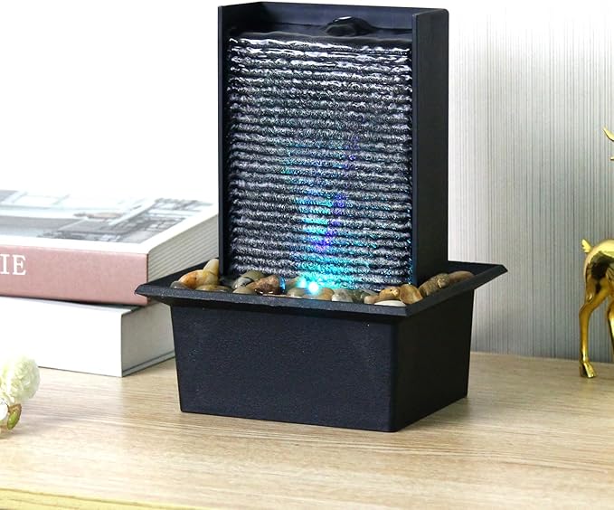 Small Indoor Relaxation Tabletop Fountain, Zen Meditation Waterfall Feature with Color LED Light & Natural Rocks, 4 Level Desk Waterfall for Home Office Bedroom Living Room Decoration (Style 2)