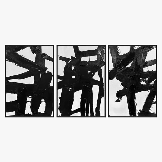 SAFERRYHOME Black And White Abstract Textured Wall Art, 3 Pieces Modern Canvas Prints Paintings, Minimalist Wall Decor Picture, Black Line Stroke Artwork for Living Room, Bedroom, Office, 16"x24"