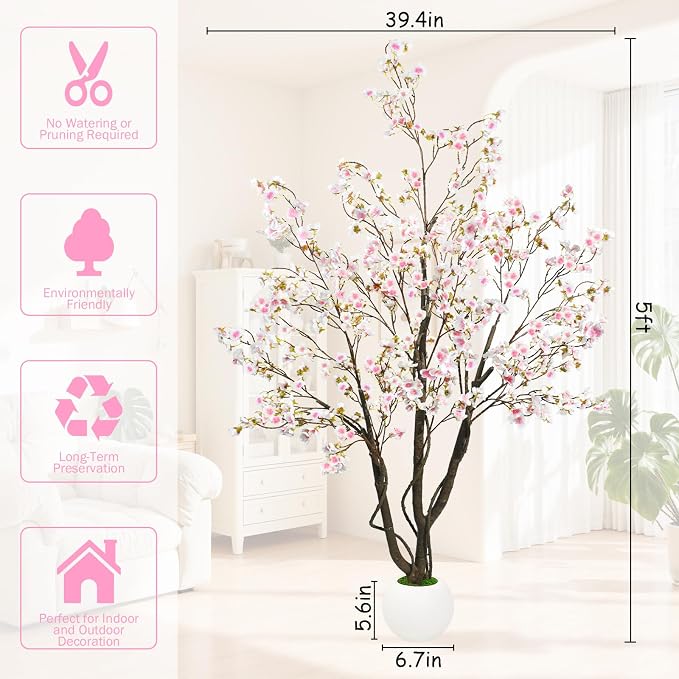 Caxchiling Artificial Cherry Blossom Tree 5FT, Pink Faux Floor Tree | Ball-Shaped Pot with Moss Topper, Lifelike Faux Tree for Home Office, Living Room, Bedroom, Doorway and Hallway Decor