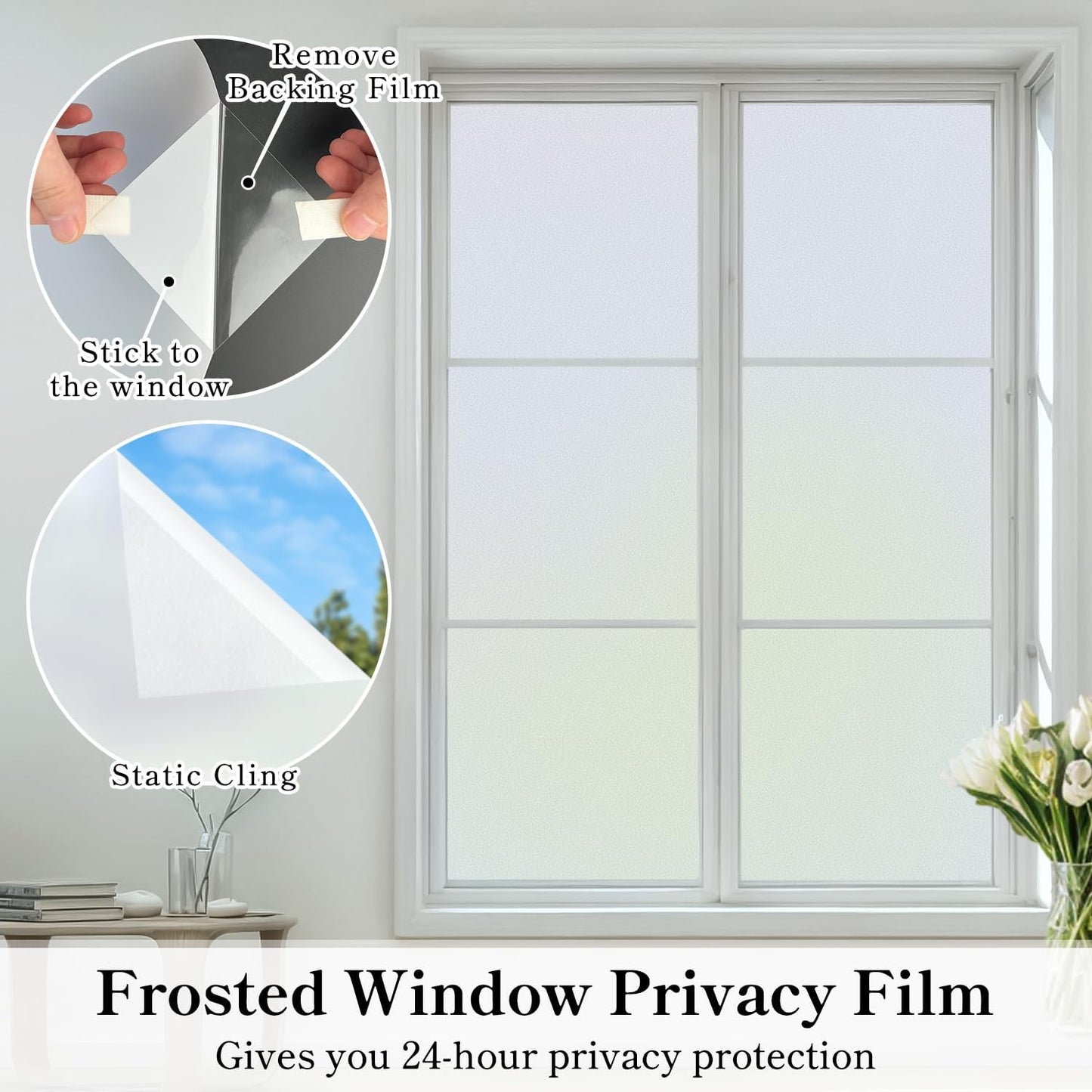 DUOFIRE Privacy Window Film Frosted Glass Film Matte White Static Cling Glass Film No Glue Anti-UV Window Sticker Non Adhesive for Privacy Office Meeting Room Bathroom Living Room DS001W 23.6x118in