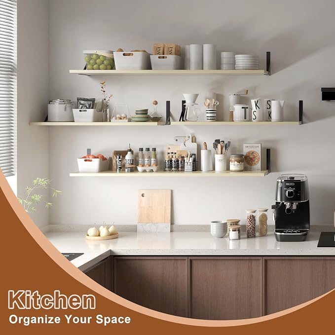 Large Wall Shelves, 31.5" W x 12" D Long Floating Shelves Set of 2, Wide Display Wood Shelf Wall Mounted with Heavy-Duty Metal Brackets for Bedroom Books, Living Room, Kitchen, Natural Wood