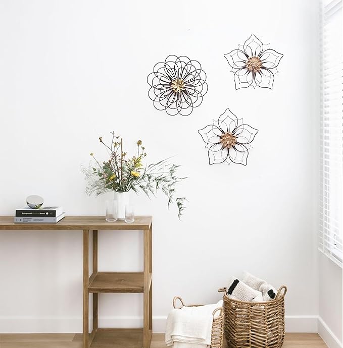Remenna Metal Flowers Wall Decor, Metal Rustic Wall Art Decoration Farmhouse Wall Decorations Multiple Floral Hanging Decor for Bathroom Living Room Home Office Garden Kitchen (Black -2)