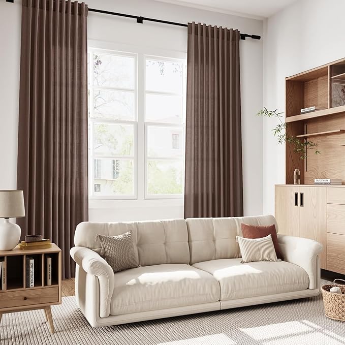 Cappuccino Linen 144 Inch Curtains for Living Room Light Filtering Semi Sheer Curtain Back Tab Modern Rustic Home Decor Neutral Drapes Floor to Ceiling High Window for Bedroom 52x144, 2 Panels