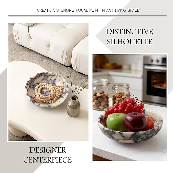 Luxury Natural Marble Fruit Bowl – Extra Large 9-Inch Calacatta Viola Marble for Kitchen Counter Fruit Serving Holder, Decorative Snack Dish for Coffee Table, Centerpiece Tray for Home Decor