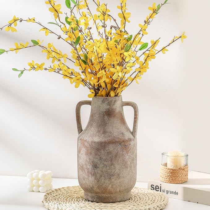 Mitt&Ditt Ceramic Flower Vase, Farmhouse Rustic Vase, Handcrafted Weathered Pottery Vases, Terracotta Vases for Home Decor, Living Room, Table, Shelf