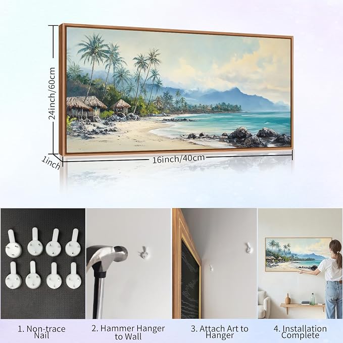 Rantodecor Tropical Coastal Framed Canvas Wall Art, Beach Landscape Posters Wall Decor, Island Palm Trees Beach House Art Paintings, Seascape Mountains Artwork for Bedroom Living Room Office 40"x20"