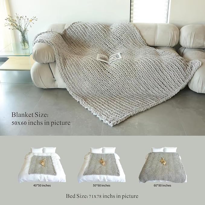 Maetoow Tighter Version Chenille Chunky Knit Blanket Throw (50×60 Inch), Handmade Warm & Cozy Blanket Couch, Bed, Home Decor, Soft Fleece Banket, Boho Thick Blankets and Giant Yarn Throws,Dark Grey