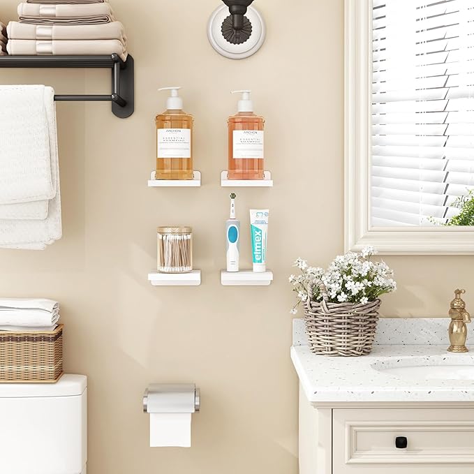 Fixwal Small Shelf for Wall, Rustic Wood Floating Wall Mounted Shelves for Bedroom, Living Room, Kitchen, Bathroom Decor, Set of 4, 5 x 5 Inches (White)