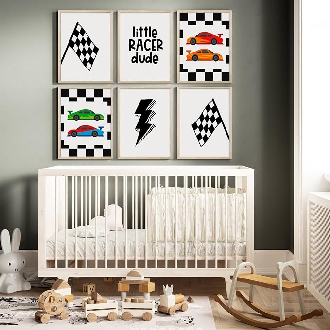 Race Car Wall Art Pictures Boys Room Wall Decor Nursery Toddler Canvas Wall Art Kids Playroom Art Prints Boys Race Car Poster Nursery Artwork Set of 6 for Bedroom 12x16 Inch Wood Framed