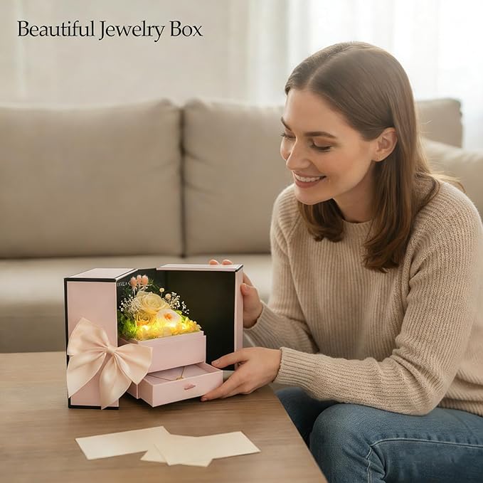 Preserved Flowers in A Gift Box with Bow - Forever Yellow Roses with Gold Heart Necklace for Her - Valentines Day Mother's Day Birthday Anniversary for Women Wife Mom Grandma (Yellow)