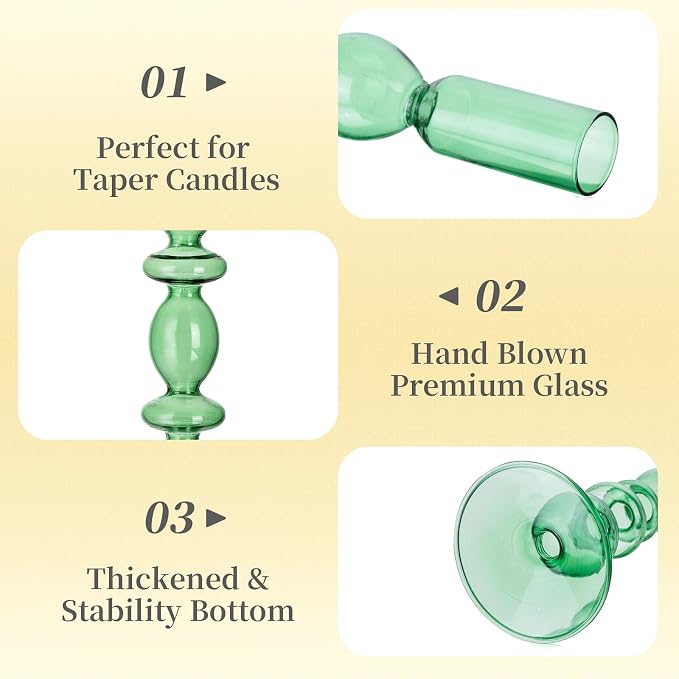 Hewory Glass Candlestick Holders: Light Green Taper Candle Holders Set of 3 Vintage Candle Stick Candle Holder, Colorful Glass Candle Holder for Table Centerpiece Wedding Dinner Party Home Decor