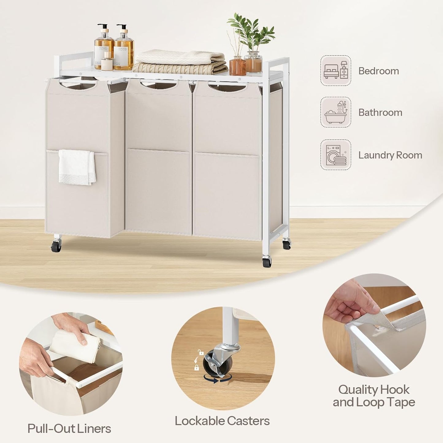 HOOBRO Laundry Sorter 3 Section, Laundry Hamper with Wheels, 3 × 11.5 Gal (43.4L), Rolling Laundry Basket, Pull-Out and Removable Oxford Fabric Bags, White WG76XY01