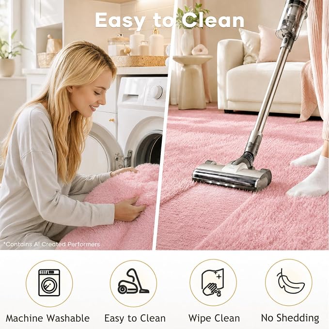 Ophanie Pink Area Rugs for Bedroom Girls, 5x8 Kids Fluffy Fuzzy Furry Shag Carpet, Plush Soft Cute Baby Shaggy Bedside Indoor Floor Rug for Teen Dorm Decor, Nursery with Over 99 pcs Pile fibers