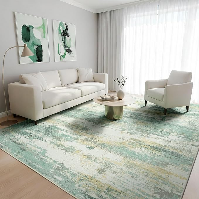 Rugflix 5x7 Area Rugs for Living Room, Washable Large Rug Stain-Resistant Low Pile, Modern Carpet for Dining Room Home Office Kid Room Nursery Bedroom, Light Green