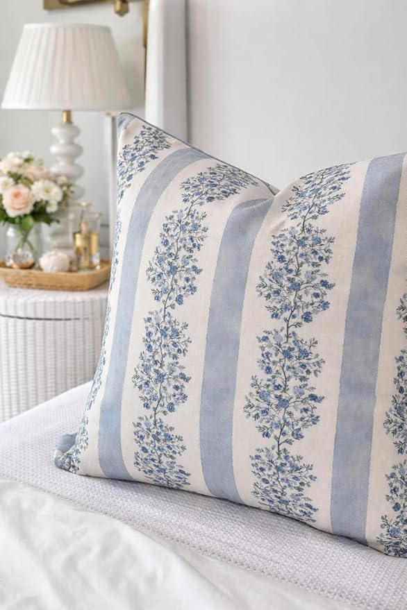 Jillien Harbor “The Juliet” Floral Block Print Pillow Cover – Soft Blue and Off-White Decorative Throw Pillow Cover – Grandmillennial Home Decor, 24" x 24"