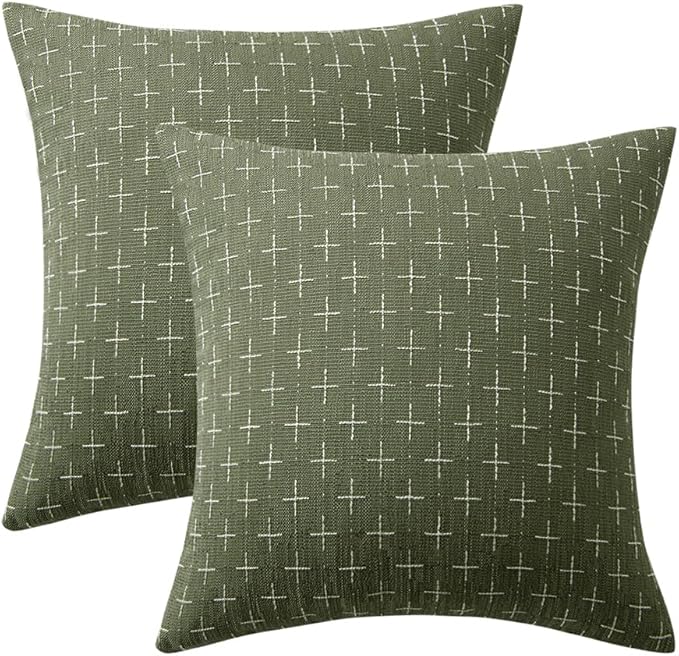 MIULEE Pack of 2 Vintage Decorative Burlap Linen Spring Throw Pillow Covers Modern Farmhouse Pillowcase Rustic Woven Textured Cushion Cover for Sofa Couch Bed 20x20 Inch Olive Green