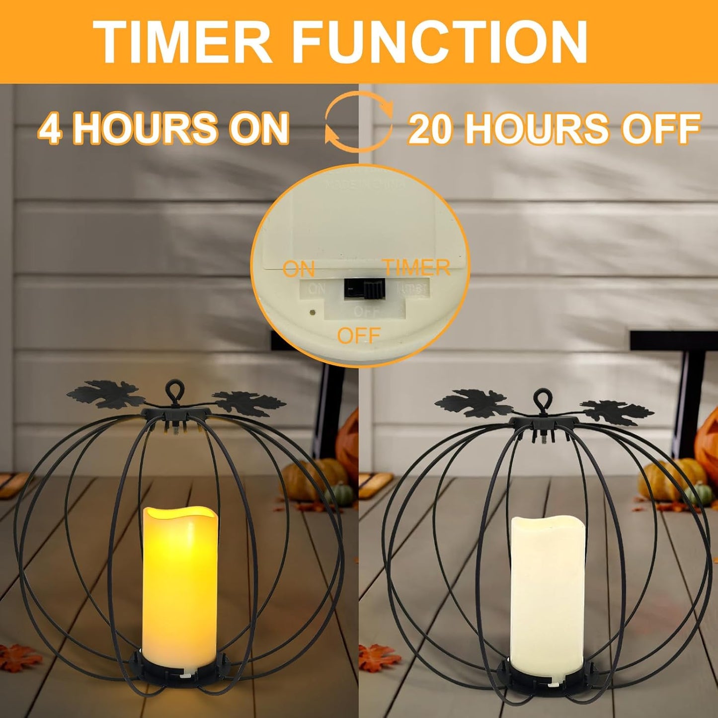 Halloween Metal Pumpkin Candle Holder, 3 Pcs Light up Black Pumpkin Lantern with LED Flickering Yellow Candle Lights Build in Timer for Thanksgiving Halloween Harvest Fall Home Decor