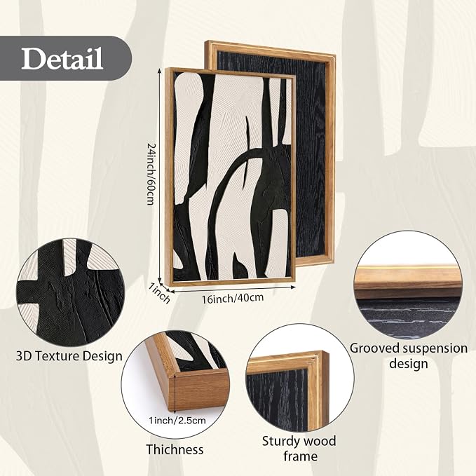 CHDITB 3D Impasto Relief Framed Canvas Wall Art Set, Black White Abstract Curve Geometric Minimalist Wall Decor, Modern Textured Art Prints for Living Room Hallway Bedroom Home Wall Decor 16"x24"x3