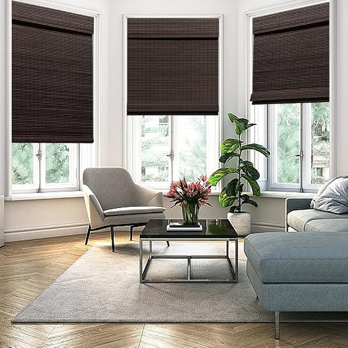 SEEYE Cordless Bamboo Roman Shades, Blackout Natural Bamboo Blinds for Indoor Windows, Roll Up Blind Privacy Shade for Home, Office, Door, UV Resistant & Easy to Install, 34" W x 64" H, Brown