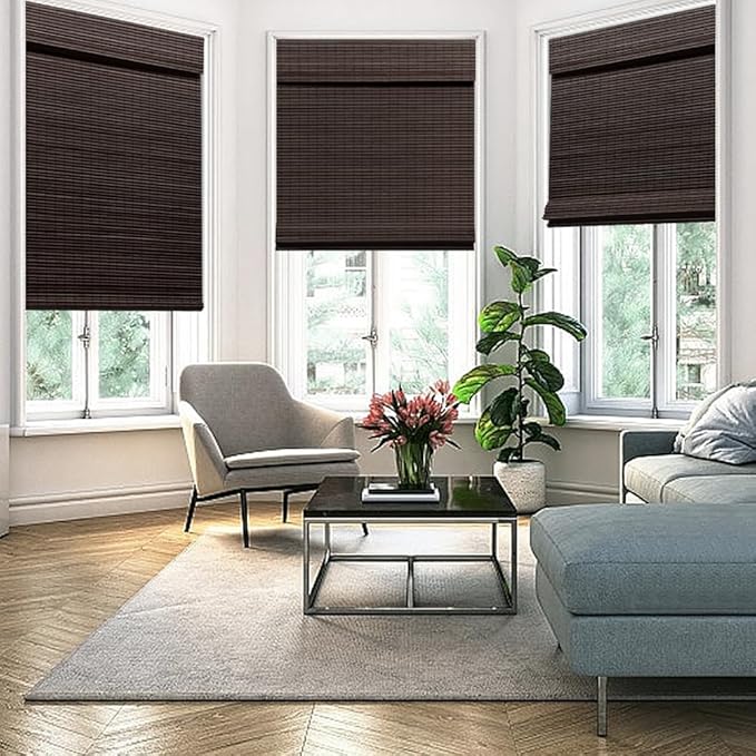 SEEYE Cordless Bamboo Roman Shades, Blackout Natural Bamboo Blinds for Indoor Windows, Roll Up Blind Privacy Shade for Home, Office, Door, UV Resistant & Easy to Install, 30" W x 64" H, Brown