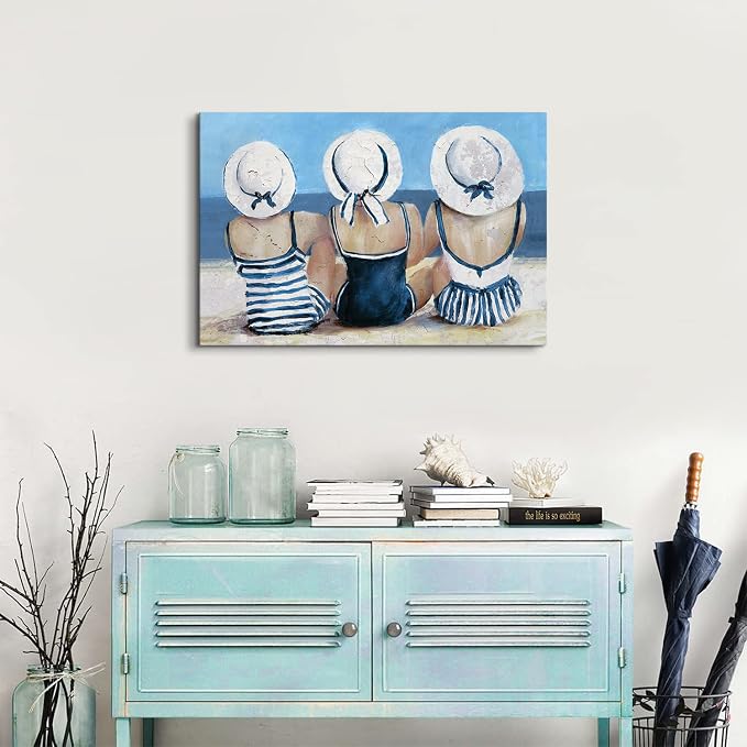 Navy Blue Coastal Canvas Wall Art Beach Wall Decor for Girls Bedroom Rustic Ocean Landscape Painting Bathroom Picture Nautical Seaside Swimsuit Poster Artwork Living Room Kitchen Decoration 20x30"