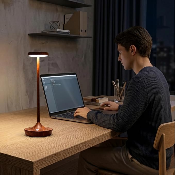 Rechargeable Cordless Table Lamp, 6000mAh Battery Powered LED Desk Lamp, Portable Metal Touch Lamp with 3-Level Dimming, Waterproof Outdoor Light for Patio, Restaurant, Dining (2 Woodgrain)