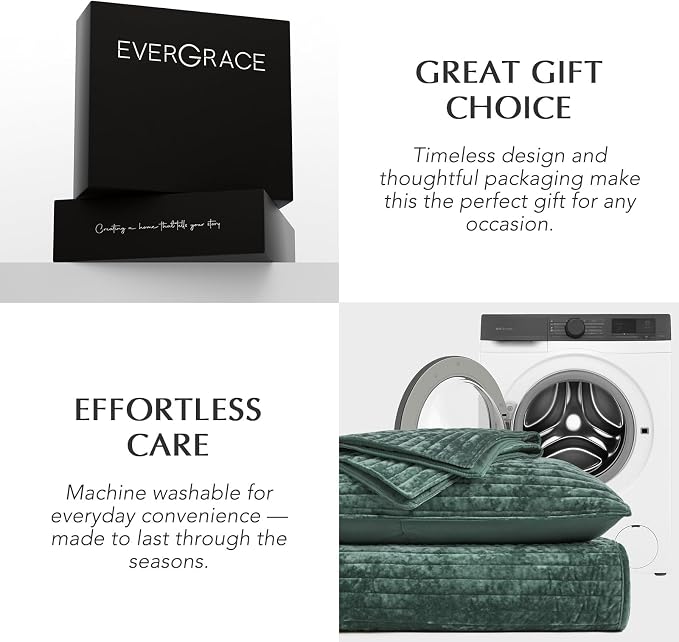 EverGrace Velvet Quilt Set Queen Size, Luxurious Soft Striped Channel Bedding Set, Lightweight Velvet Comforter for All Season, Oversized Bedspread Coverlet with 2 Matching Shams, Dark Green