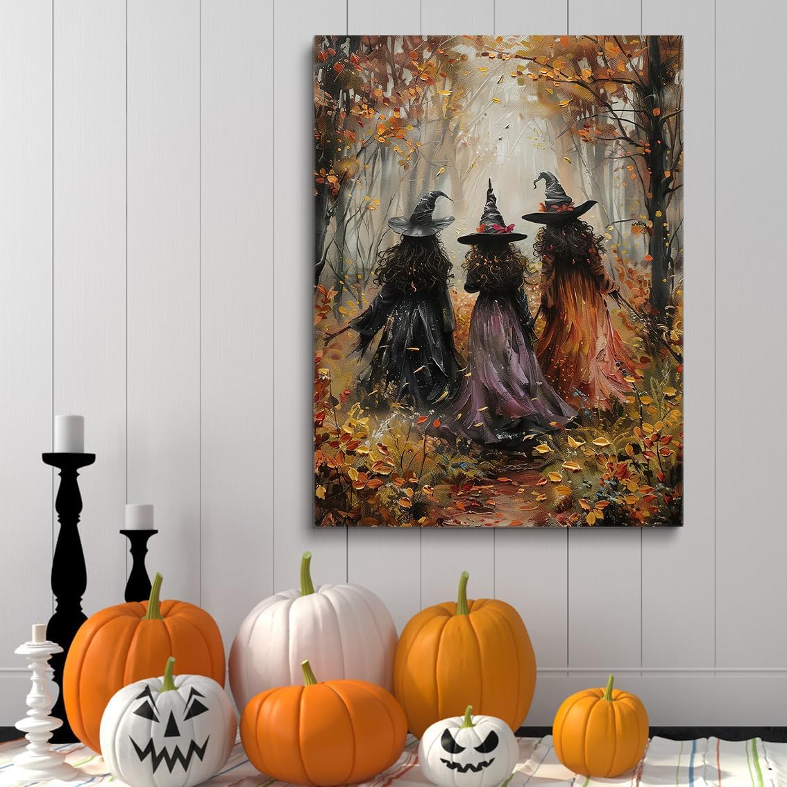Vintage Three Witches In The Forest Painting Witch Print Witchy Canvas Print Halloween Wall Art Halloween Decor Witch Poster Dark Academia Gothic Room Decor for Bedroom 16x24in Large Frame wall art