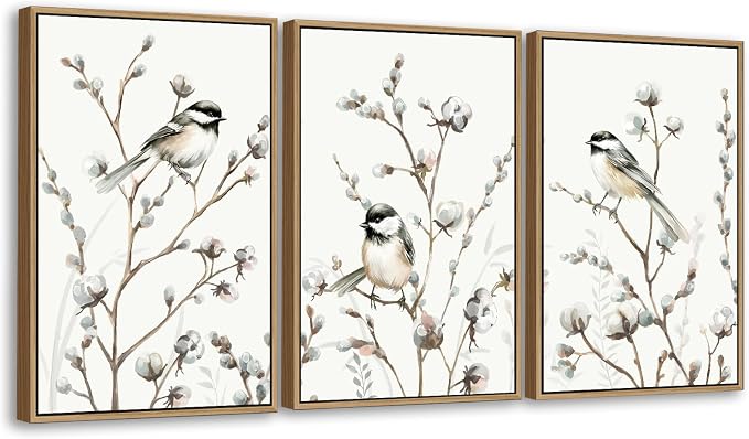 Large Bird Wall Art for Living Room Natural Wood Float Framed Art Set of 3 Tropical Plant Pictures Boho Artwork White Flowers Canvas Prints for Bedroom Kitchen Home Office Wall Decor 24"X36"X3
