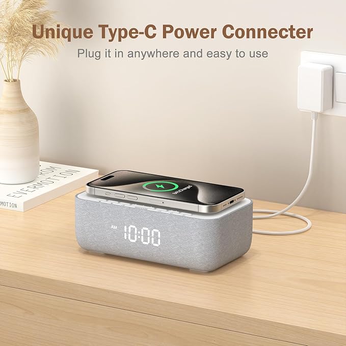 REACHER 15W Fast Wireless Charging Alarm Clock with White Noise Machine โ 20 High-Fidelity Sleep Sounds โ Gradual Wake & Unlimited Snooze โ 0โ100% Dimmable Digital Clock for Bedroom & Office