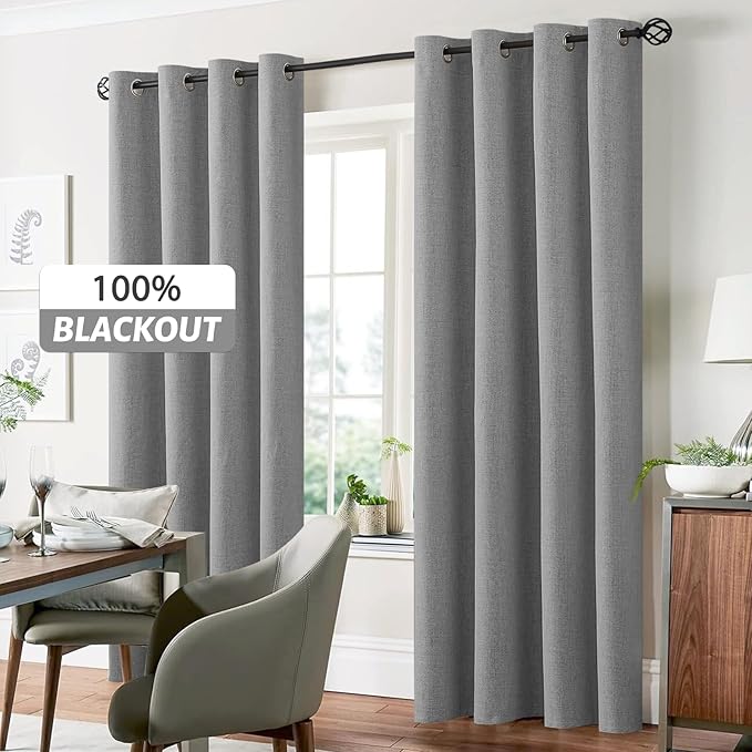 Yakamok Dove Grey Linen Curtains 100% Blackout 96 Inches Long,Room Darkening Textured Curtains for Living Room Thermal Grommet Bedroom Drapes 2 Panels with Greyish White Liner