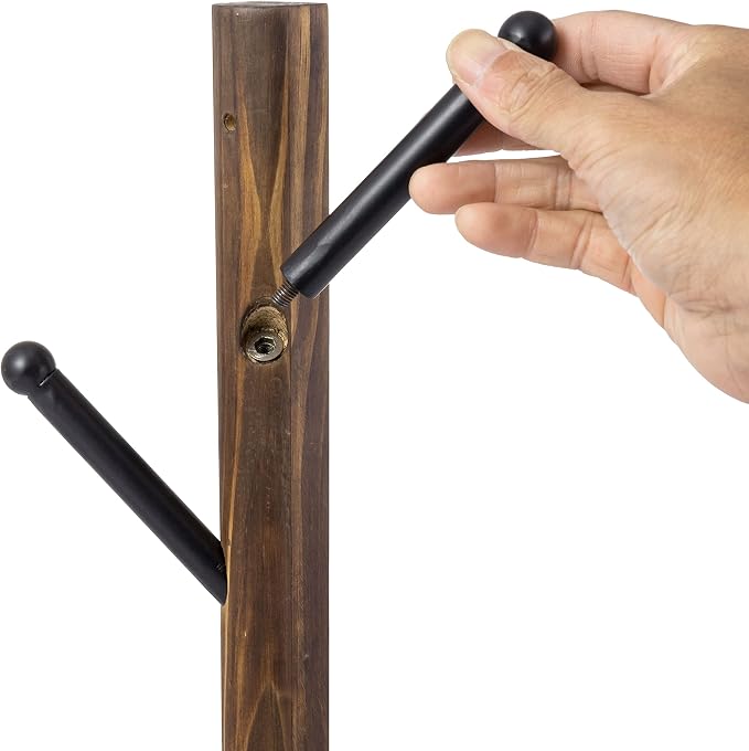 MyGift 4 Hook Wall Mounted Rustic Brown Solid Wood and Black Metal Hat Coat Hanger Tree, Vertical Entryway Hanging Garment Rack with Branch Style Hooks, Set of 2