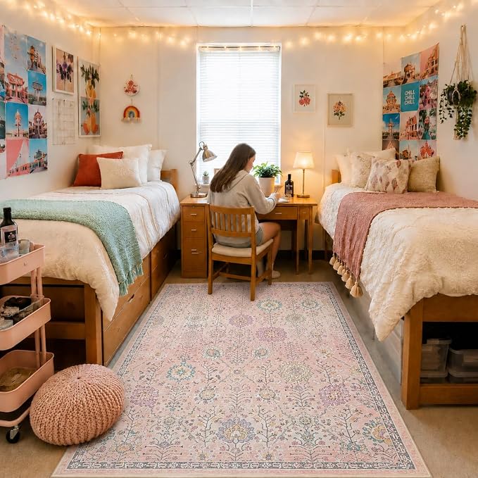 Lahome Pink Rug for Girls Bedroom 5x7, Soft Washable Floral Dorm Rug, Boho Non Slip Pastel Classroom Carpect for Dorm Room, Kids Room, Nursery and Playroom